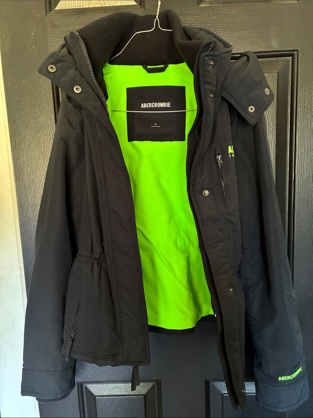 Abercrombie & Fitch Black Shell Jacket with Neon Green Liner